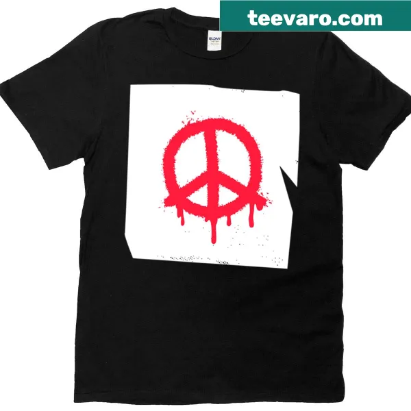 Graffiti-style peace symbol graphic on a casual t-shirt