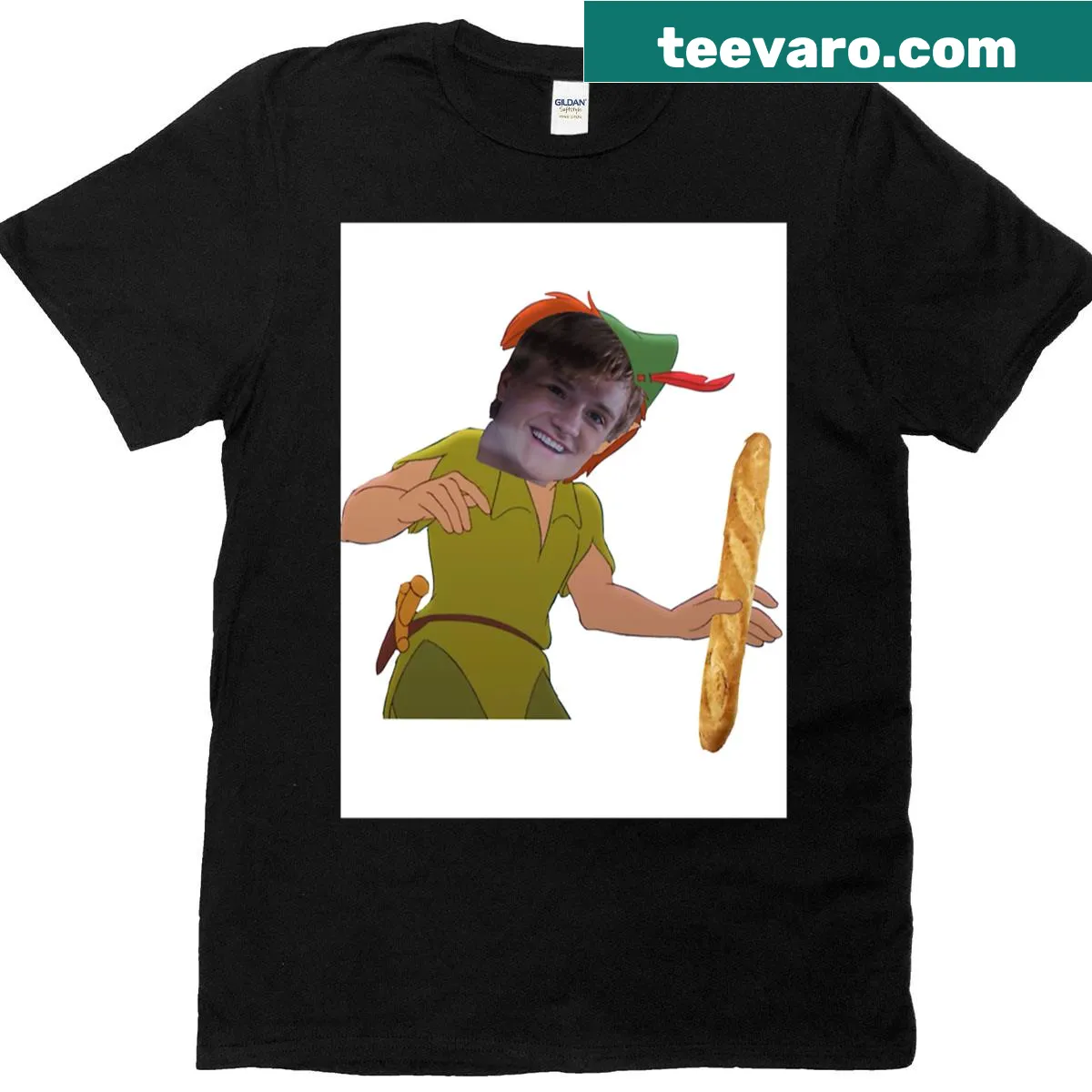Funny tee featuring Peeta Pan meme text graphic. — on a men's t-shirt