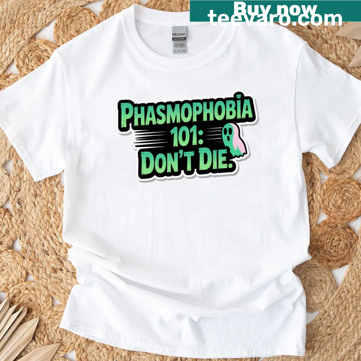 Edgy graphic t-shirt with 'Don't Die' slogan inspired by Phasmophobia — on a men's t-shirt