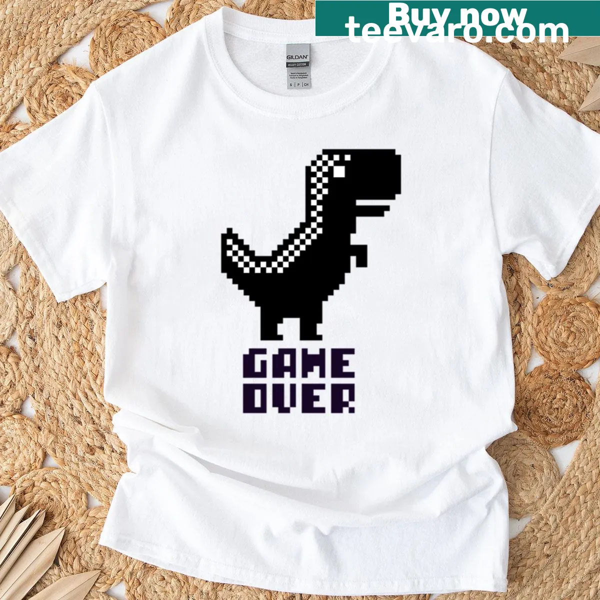 Retro pixel dinosaur graphic on Game Over T-shirt — on a men's t-shirt