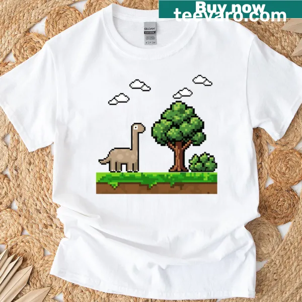 Cartoon pixelated dinosaur graphic on a fun T-shirt