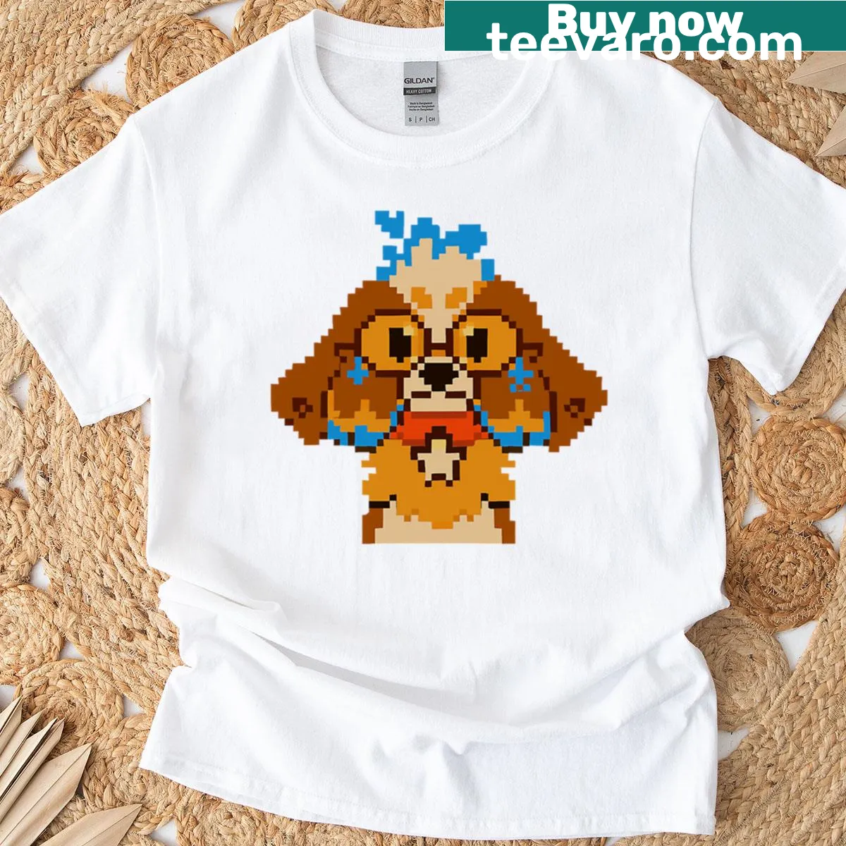 Cartoon pixel dog wearing glasses on a t-shirt — on a men's t-shirt