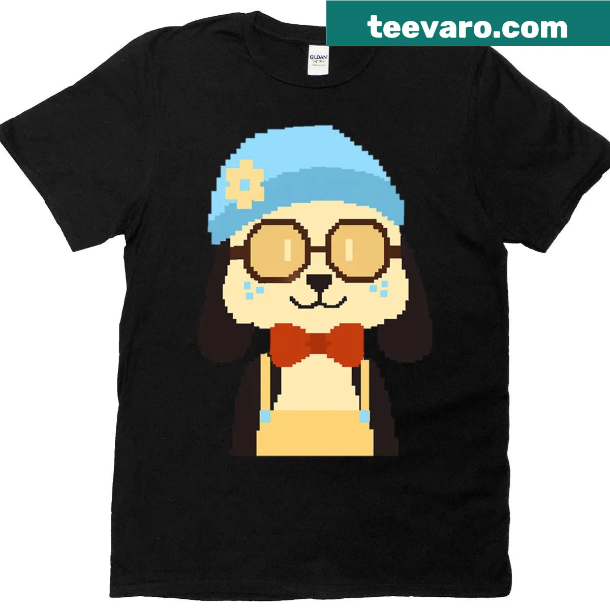 Adorable pixel dog with a flower beanie graphic on a t-shirt. — on a men's t-shirt