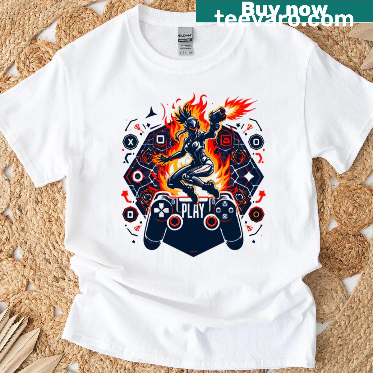 Graphic of a fiery gaming controller on a t-shirt — on a men's t-shirt