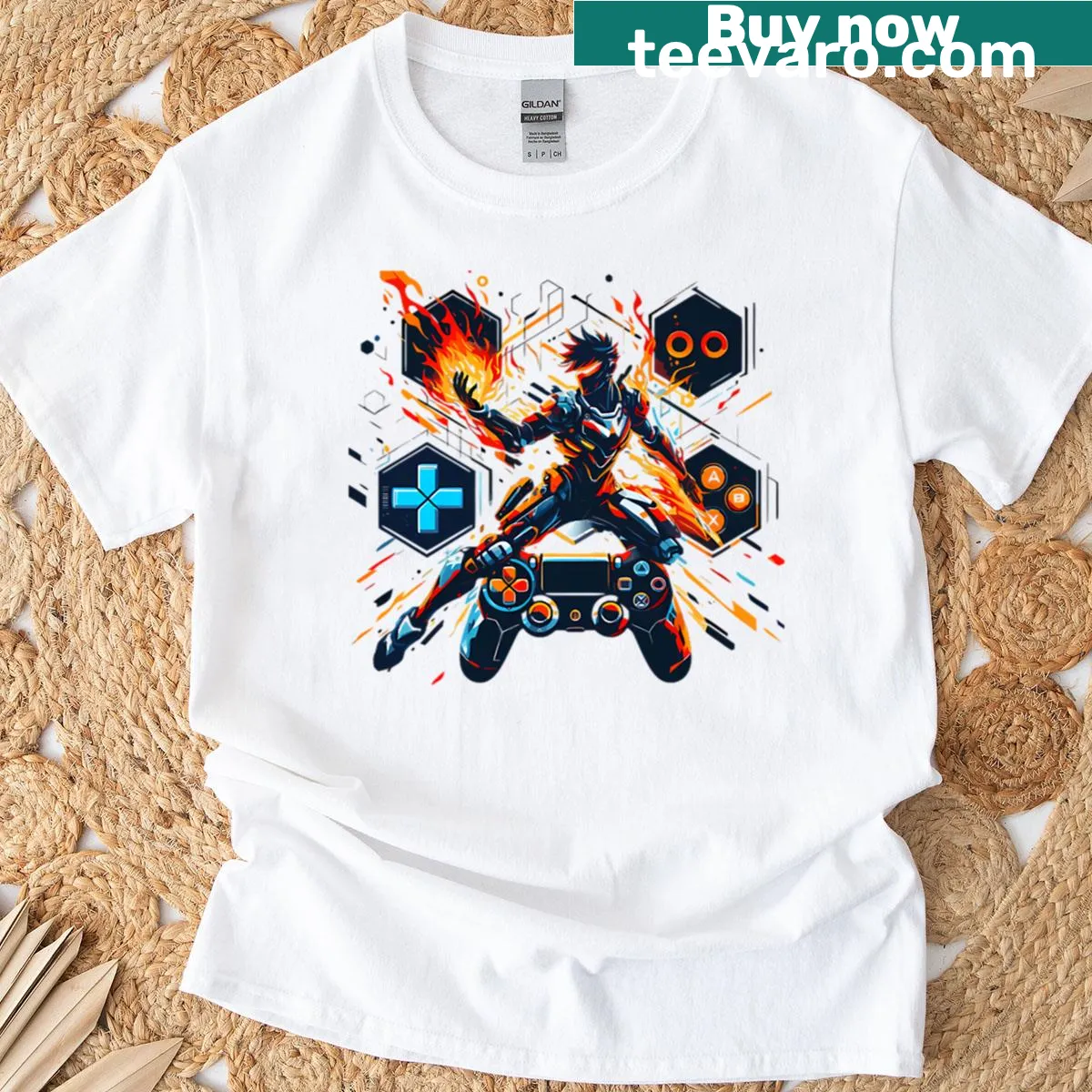 Dynamic fire controller graphic T-shirt for gaming enthusiasts — on a men's t-shirt