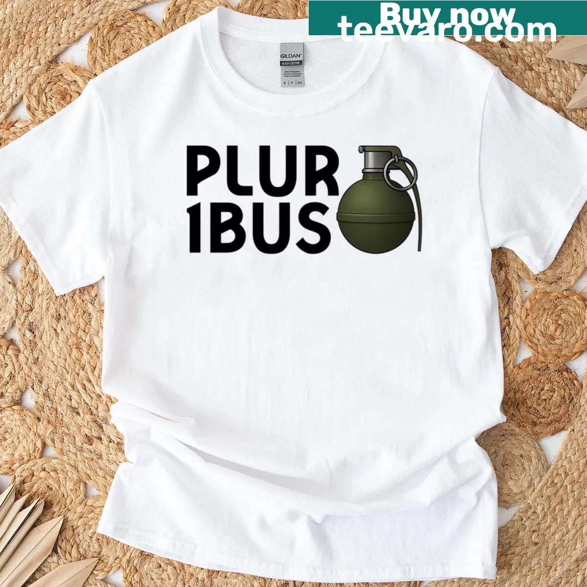 Edgy T-shirt featuring a grenade and the word 'Pluribus' — on a men's t-shirt