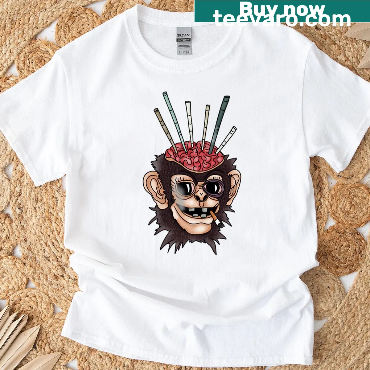 Humorous graphic of a monkey from Postal 4 on a T-shirt — on a men's t-shirt