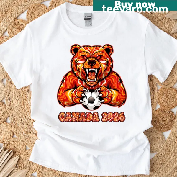 Psychedelic grizzly bear holding a soccer ball graphic design.