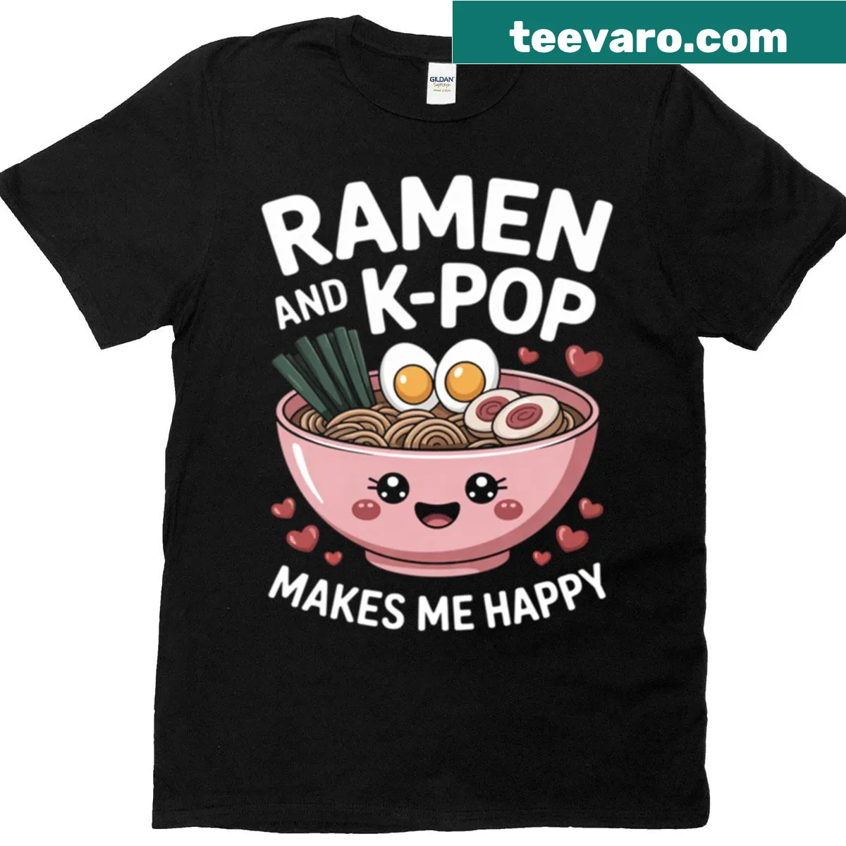 Graphic tee combining ramen and K-pop themes. — on a men's t-shirt