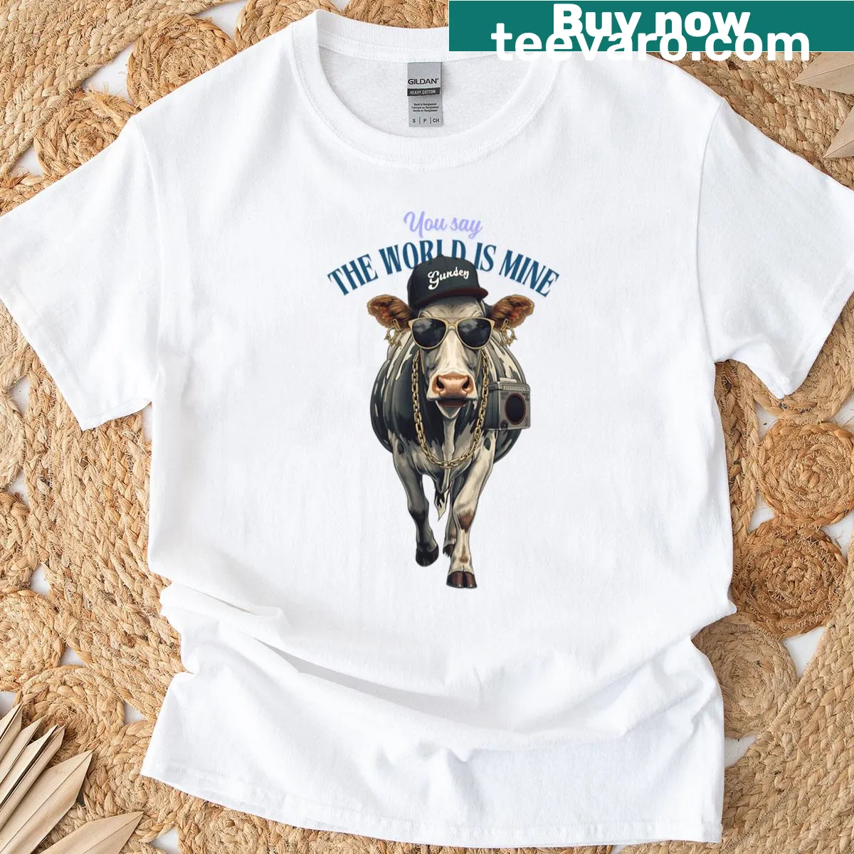 Cartoon rapping cow T-shirt with humorous lyrics — on a men's t-shirt