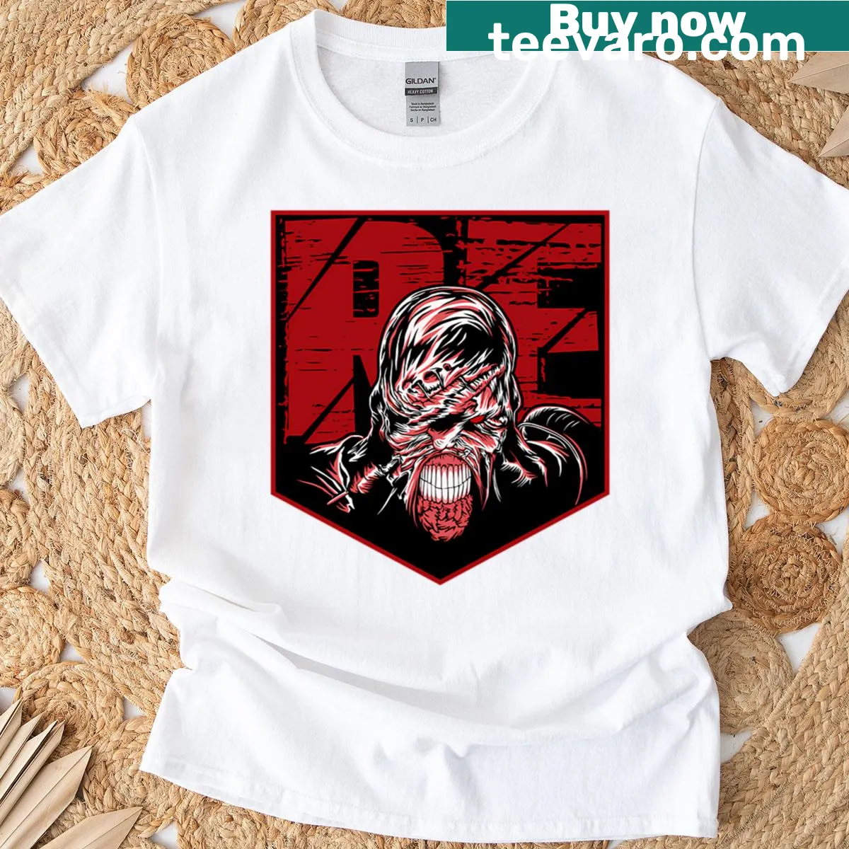 Illustrative Resident Evil 3 boss T-shirt design for gamers — on a men's t-shirt