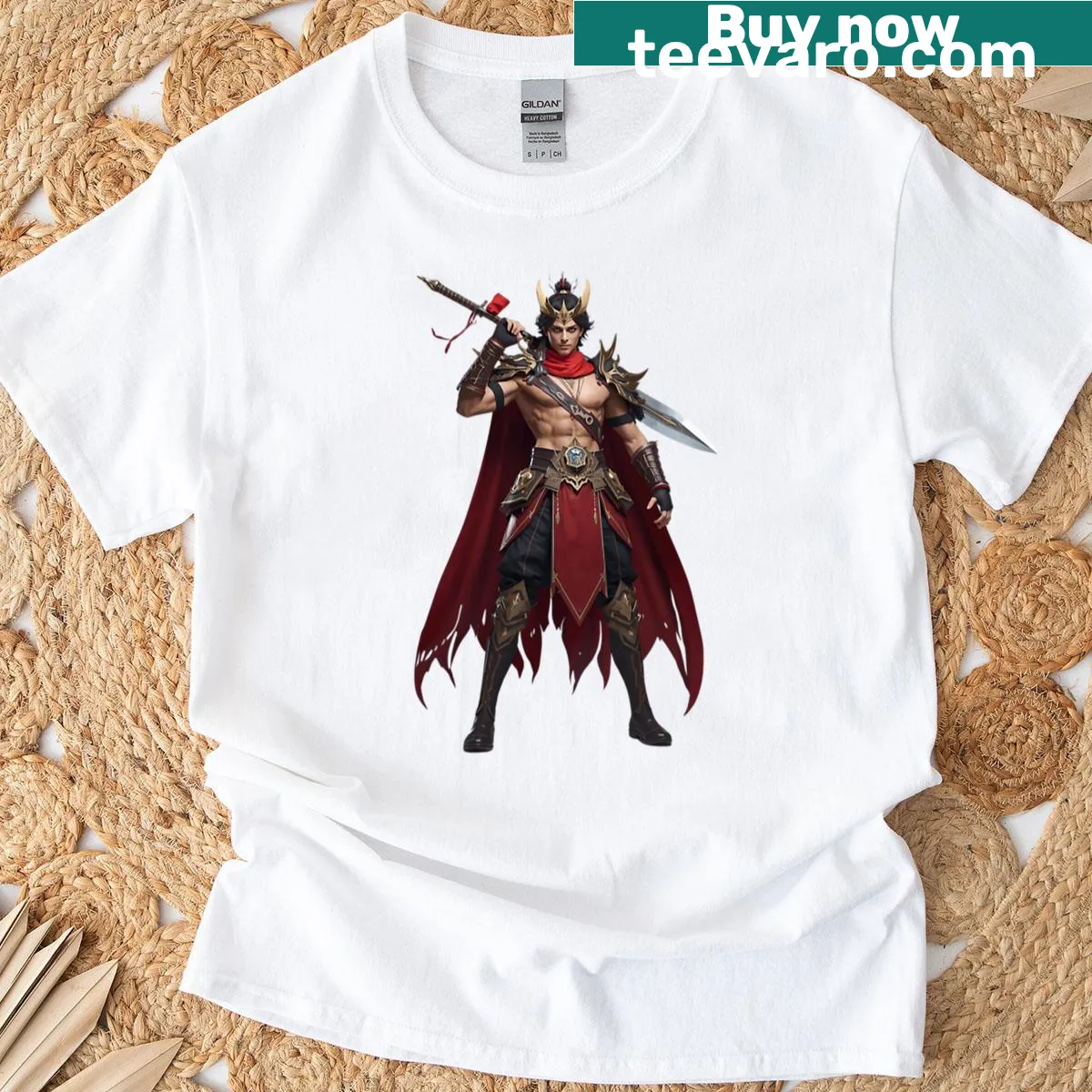 T-shirt featuring a realistic anime warrior king in a red cape. — on a men's t-shirt