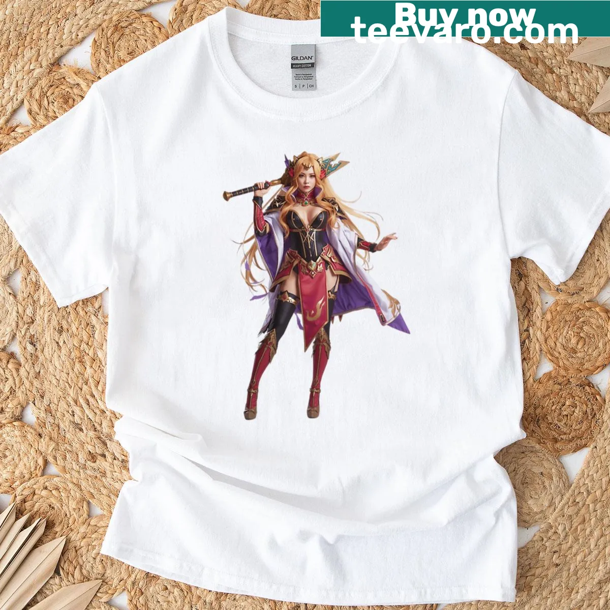 Anime warrior queen T-shirt with detailed fantasy artwork — on a men's t-shirt