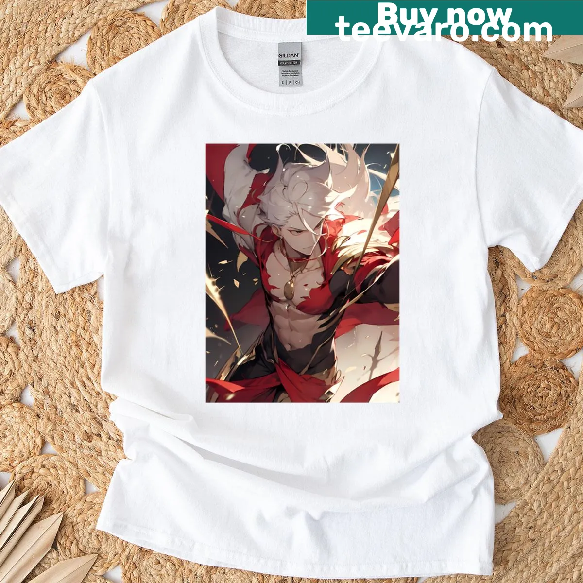 Fierce illustration of Red Lancer Karna from Fate Grand Order on a T-shirt — on a men's t-shirt