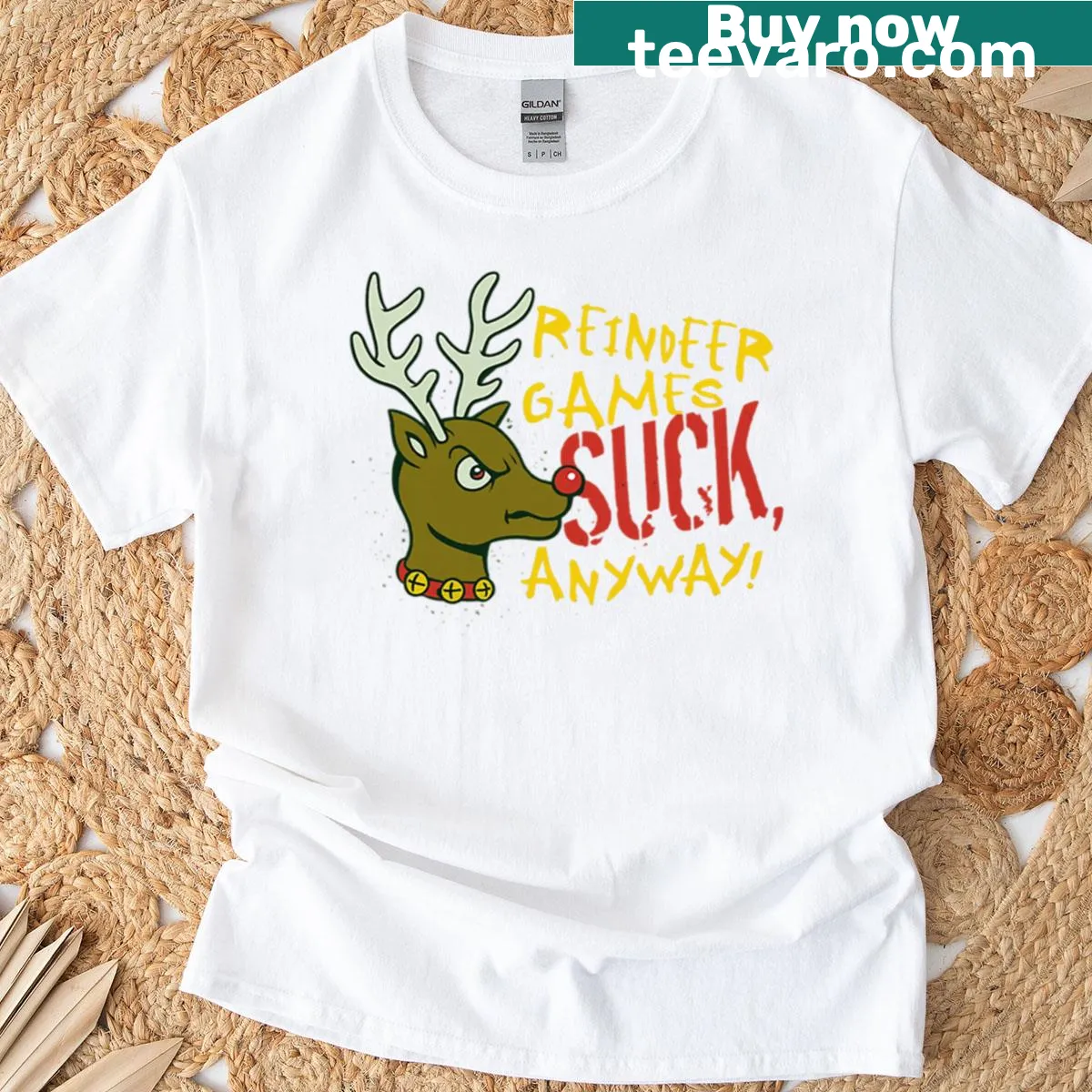Grumpy reindeer Christmas t-shirt with the phrase 'Reindeer Games Suck Anyway' — on a men's t-shirt