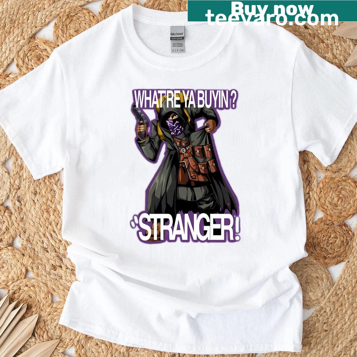 Typography featuring Resident Evil 4 Merchant quotes in purple outline — on a men's t-shirt