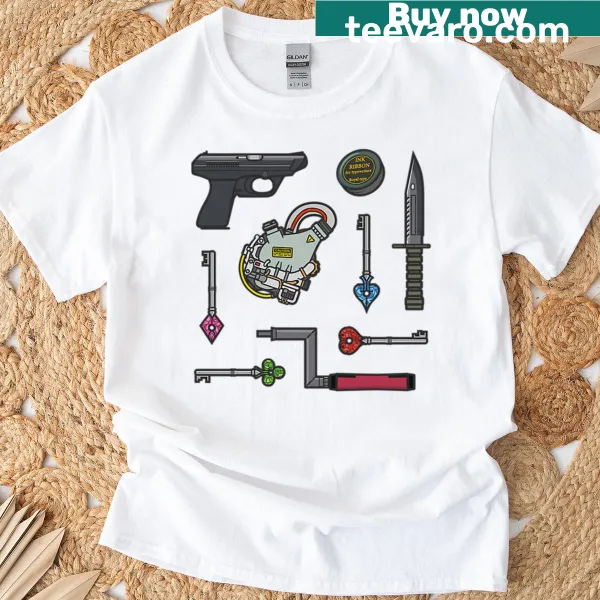 Graphic of Resident Evil symbols and characters on a T-shirt