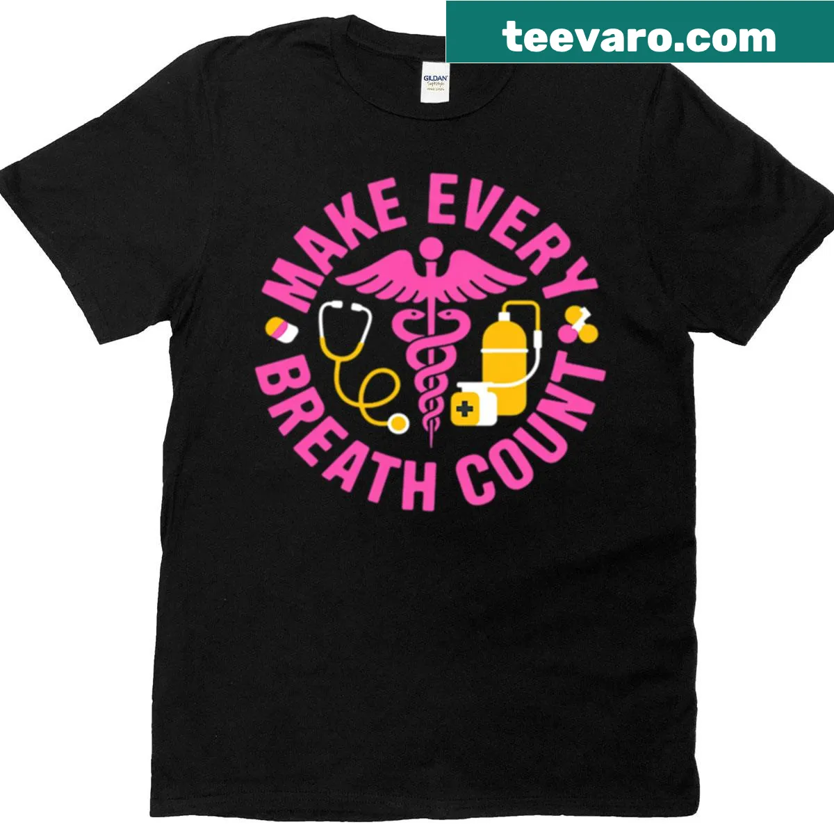 Inspirational t-shirt for respiratory therapists with 'Make Every Breath Count' text — on a men's t-shirt