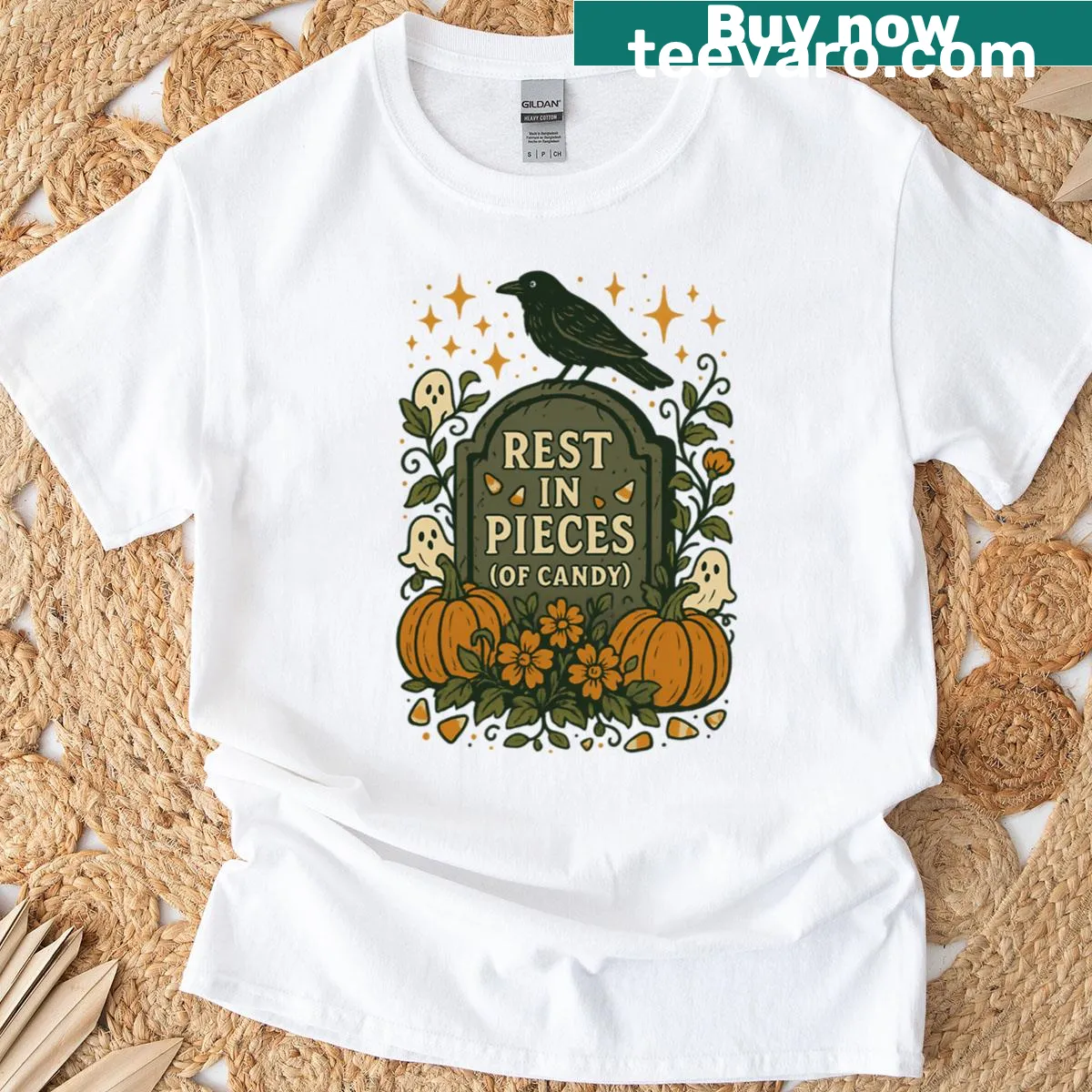 Humorous Halloween tombstone design with candy text — on a men's t-shirt