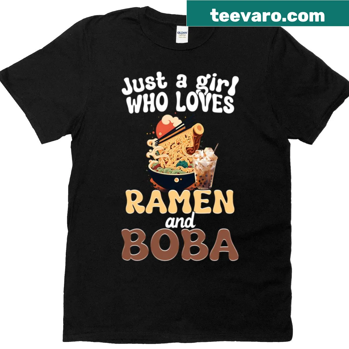 Retro tee with playful ramen and boba graphics. — on a men's t-shirt