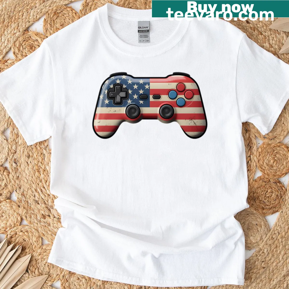 Vintage gaming controller T-shirt with USA flag design — on a men's t-shirt