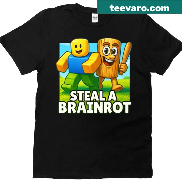 'Steal A Brainrot' text printed on Roblox-themed t-shirt