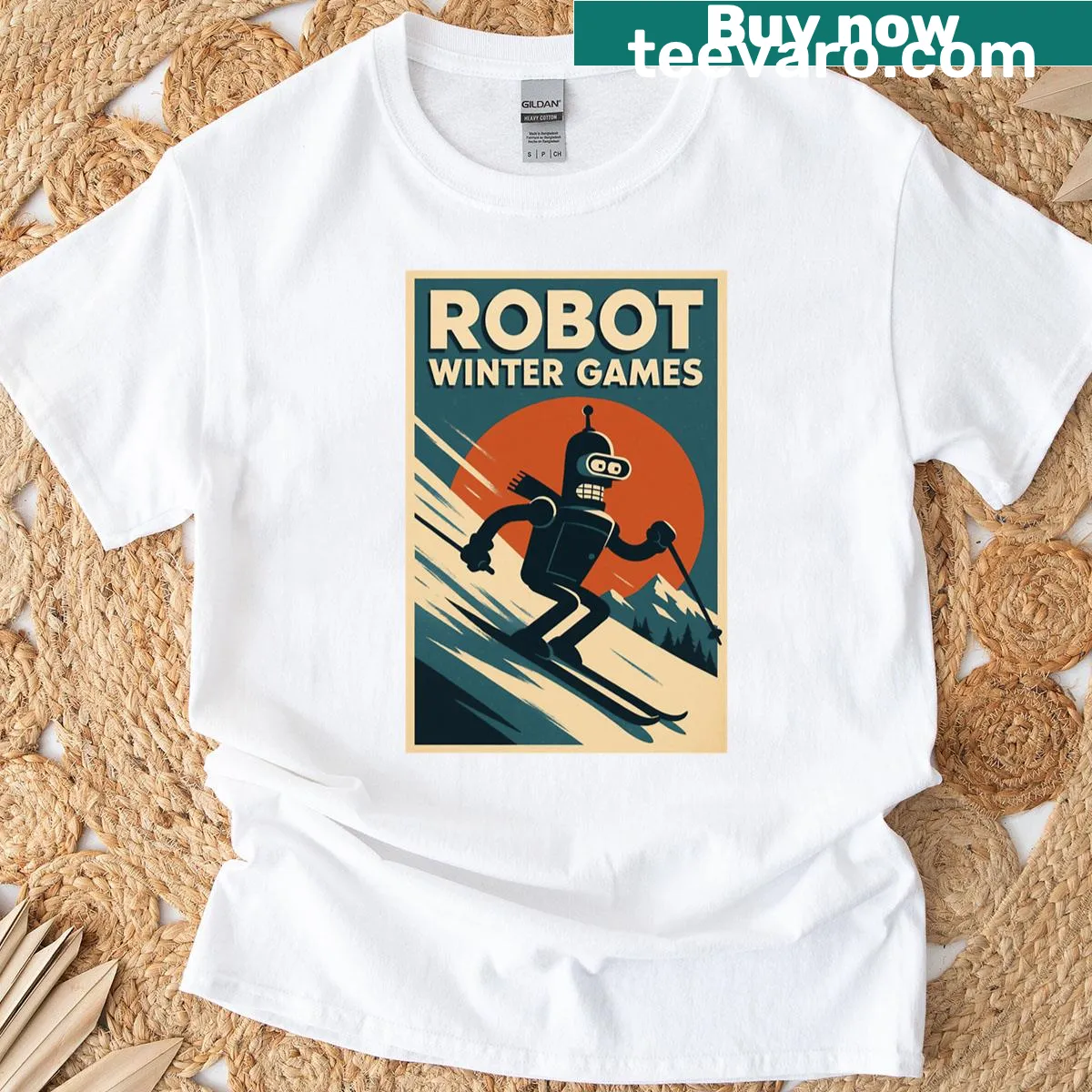 Retro ski poster style graphic featuring a robot on a T-shirt — on a men's t-shirt