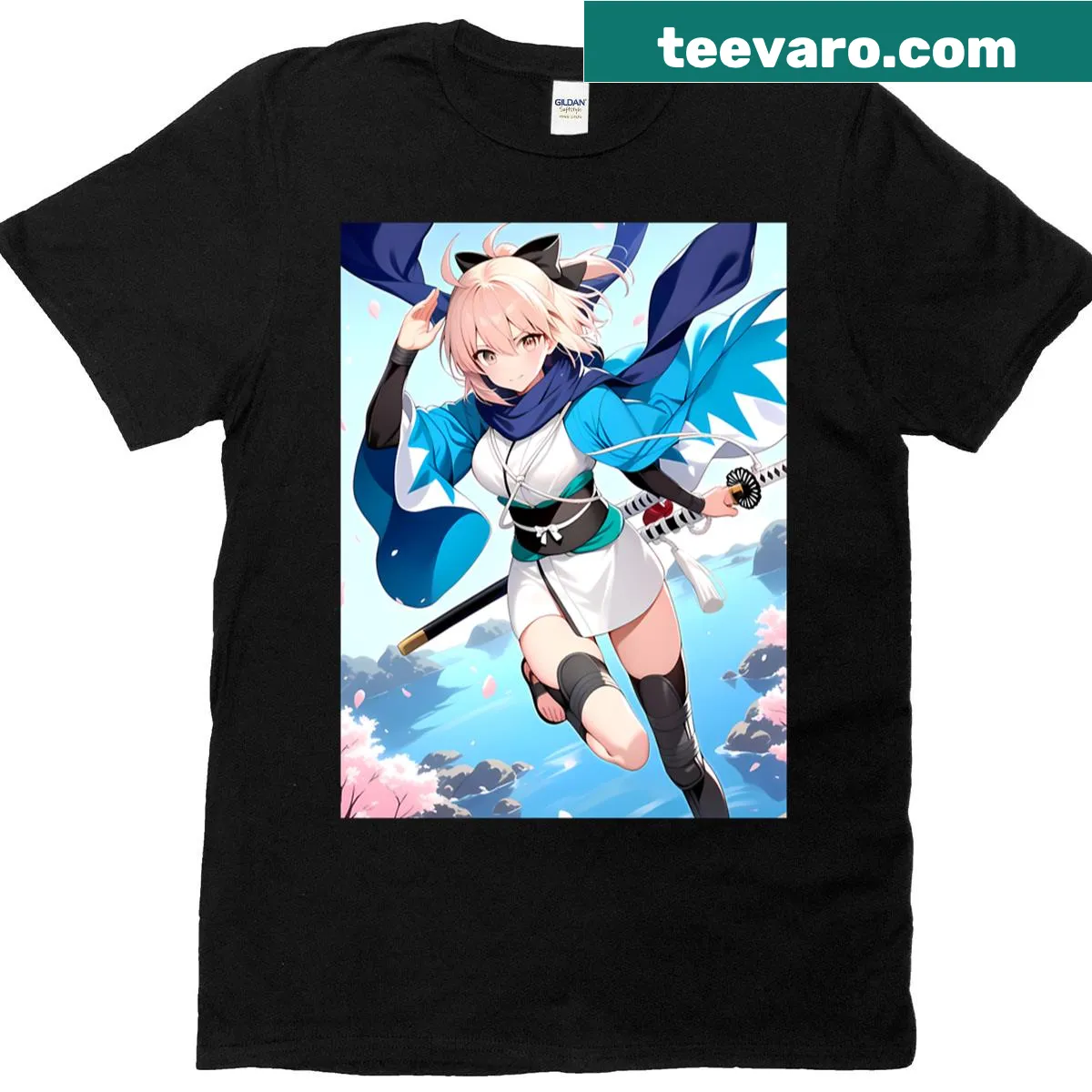 Okita Souji from Fate Grand Order with cherry blossoms — on a men's t-shirt