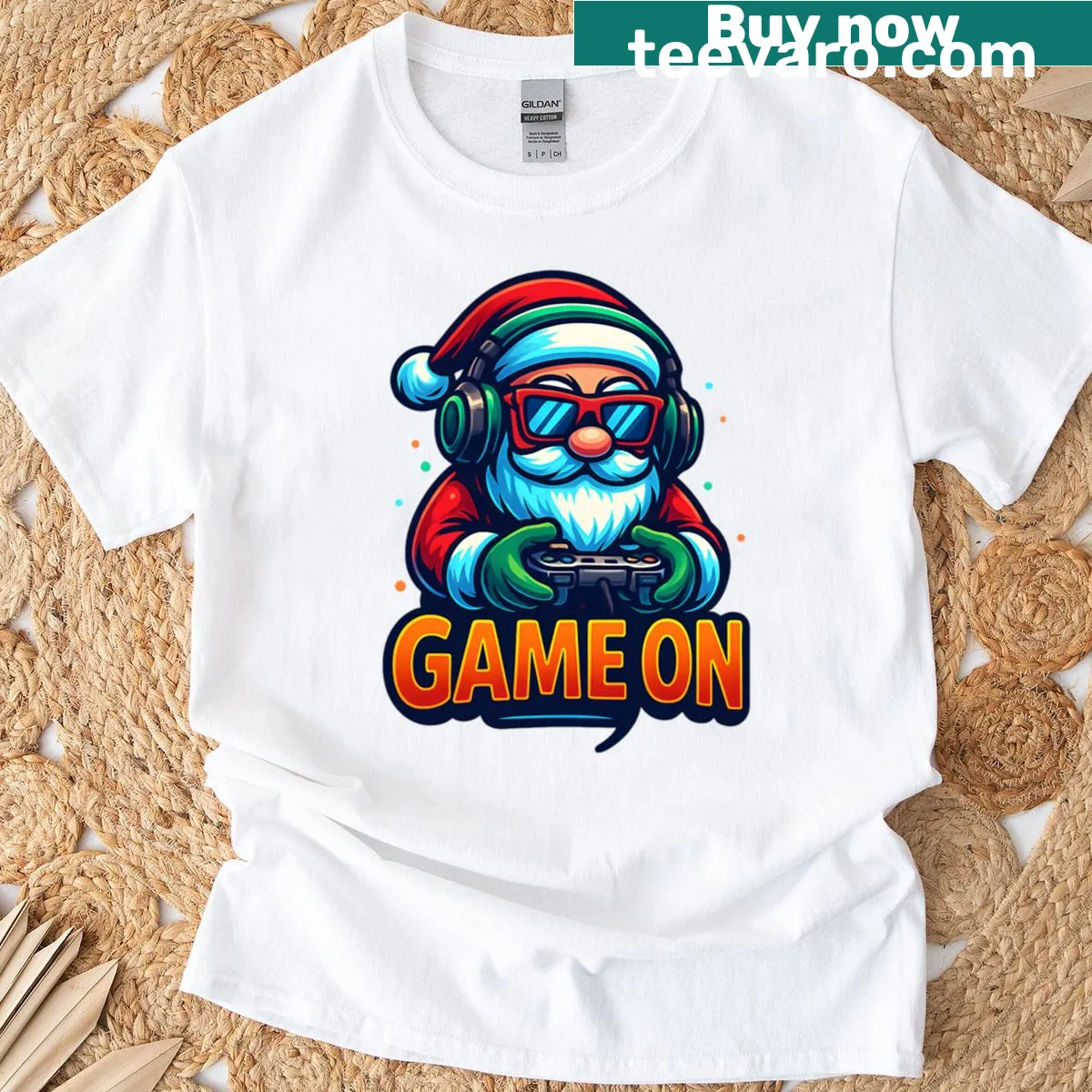 Santa with a gaming controller in a festive design for gamers — on a men's t-shirt
