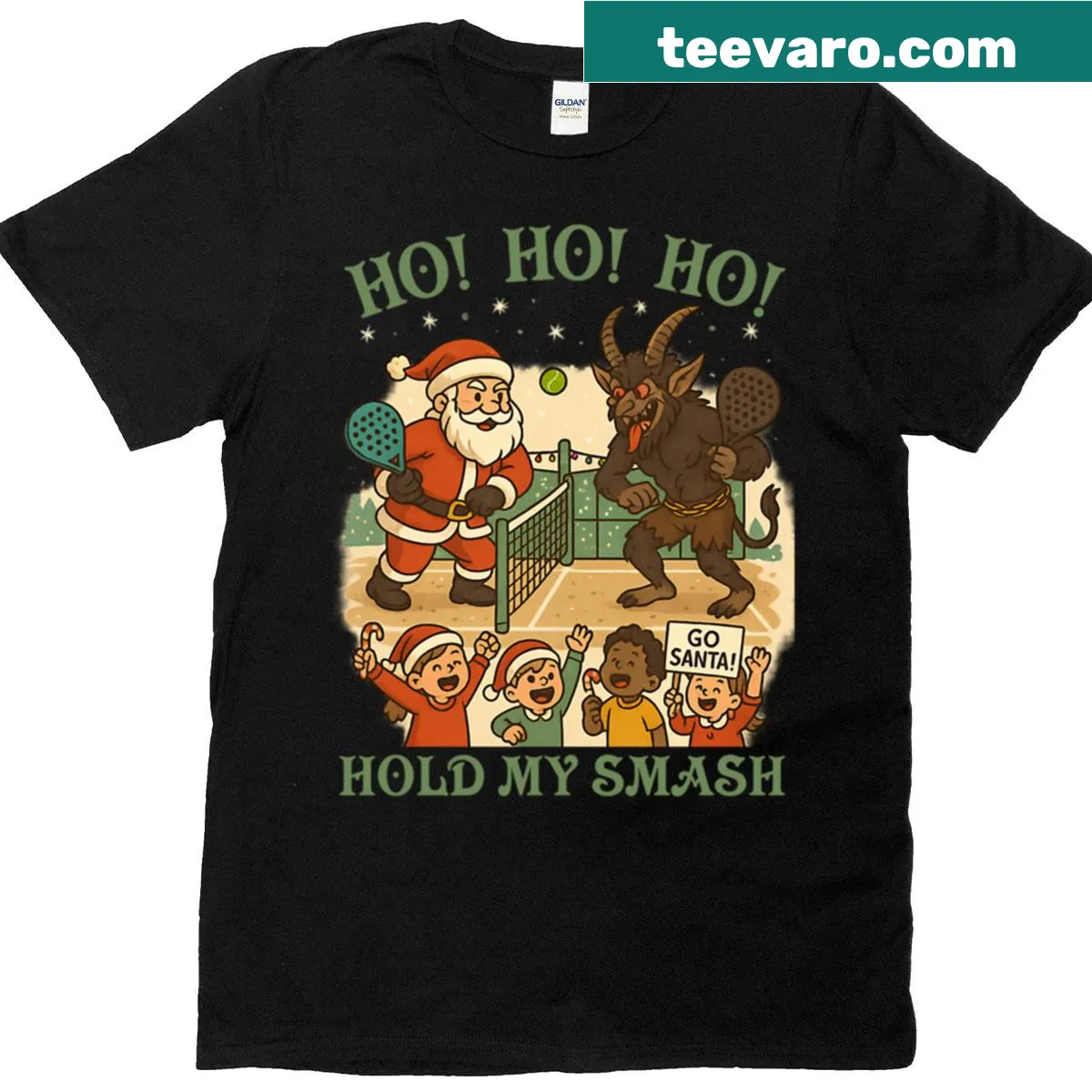 Funny Christmas sports t-shirt depicting Santa and Krampus — on a men's t-shirt