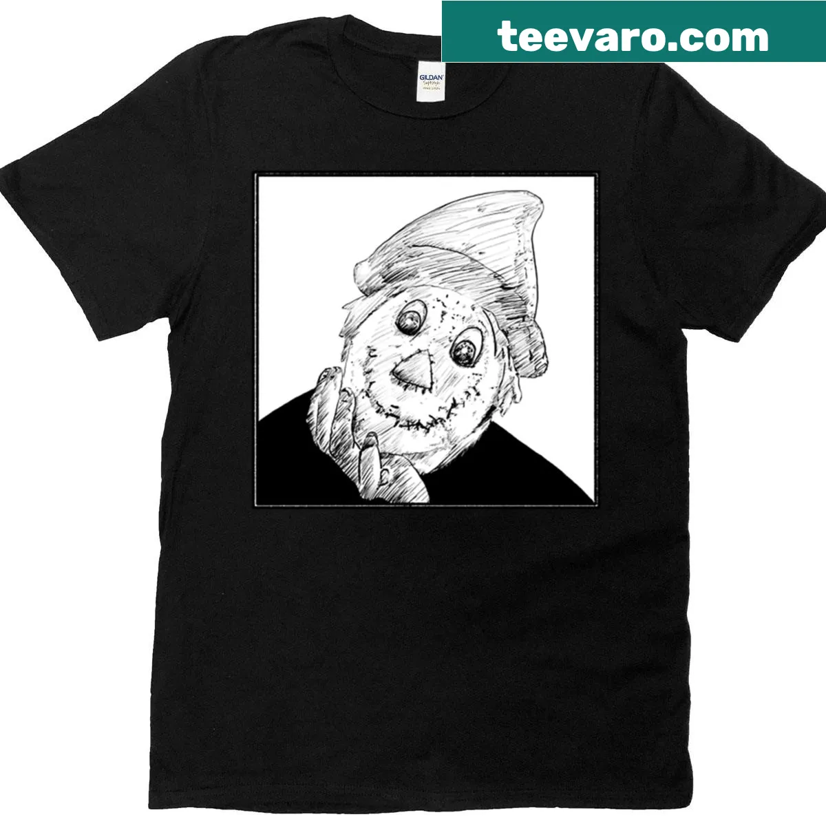 Chilling illustration of a scarecrow mask on a t-shirt — on a men's t-shirt