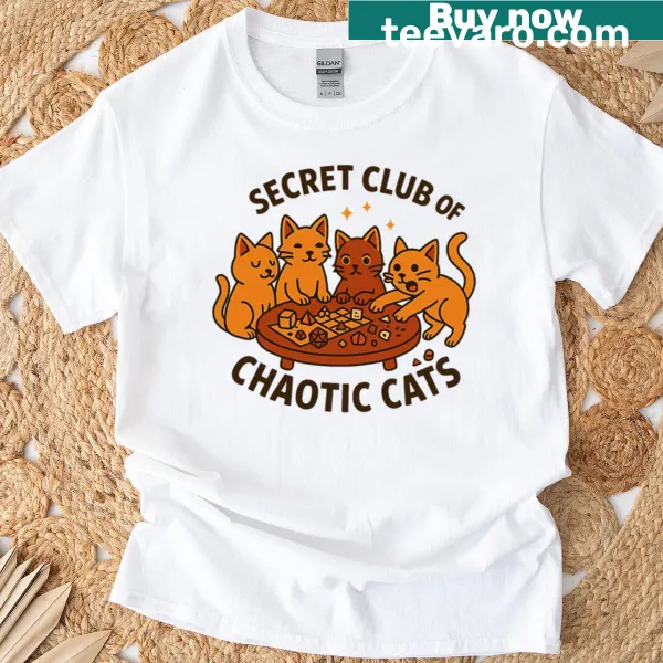 T-shirt with 'Secret Club Of Chaotic Cats' text designed for cat lovers