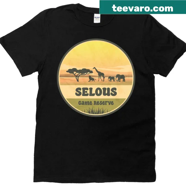 Illustrated safari scene on a T-shirt representing Selous Game Reserve in Tanzania