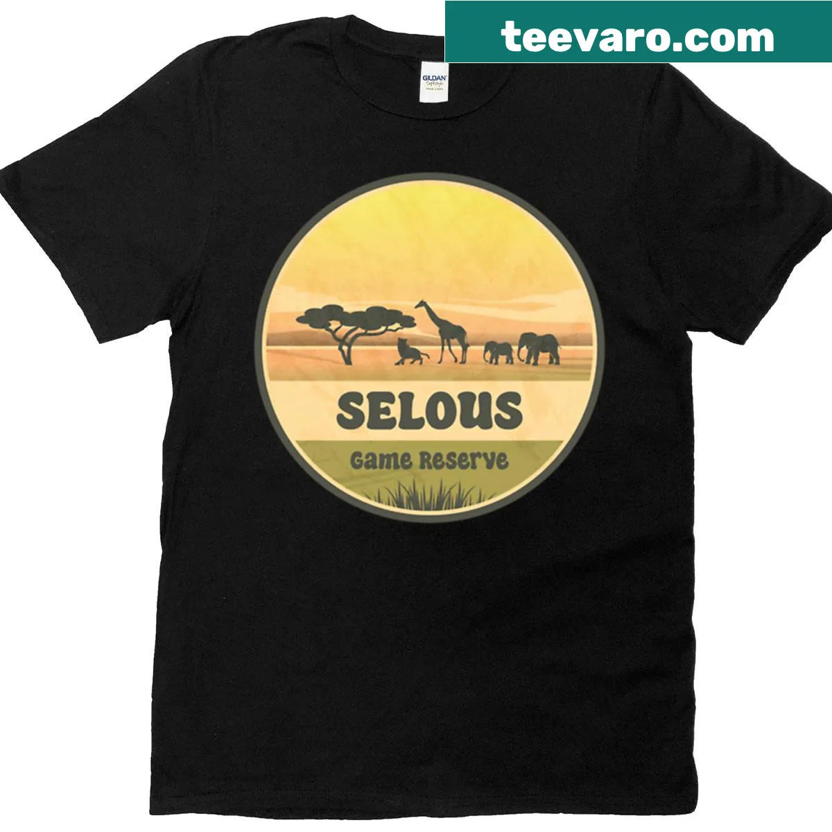 Illustrated safari scene on a T-shirt representing Selous Game Reserve in Tanzania — on a men's t-shirt