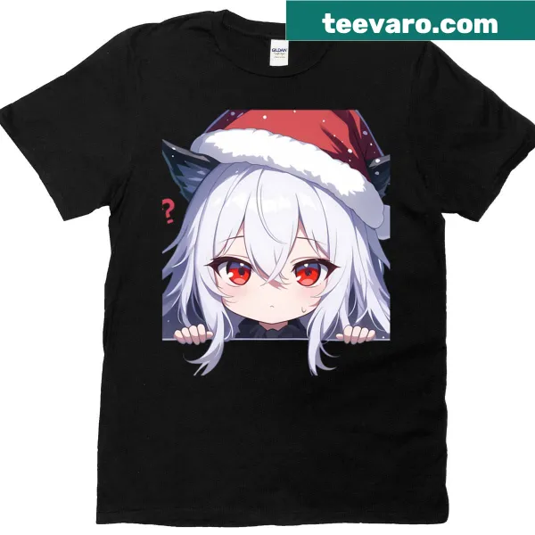 Cute chibi-style Skadi character peeking in a Christmas theme