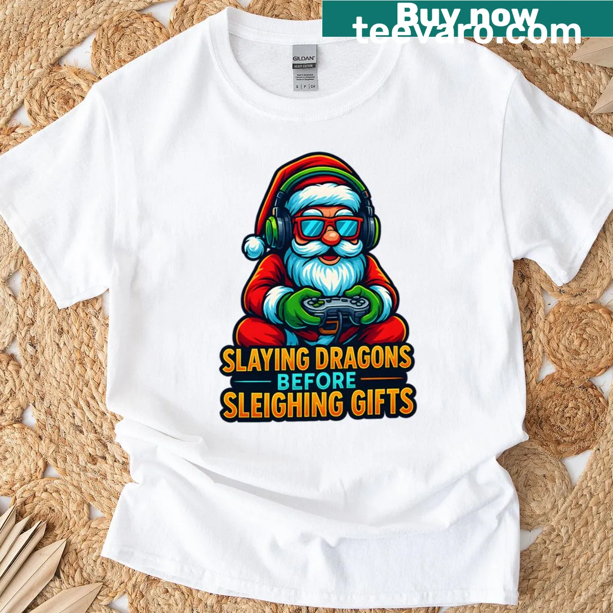 Santa graphic slaying dragons on a Christmas T-shirt — on a men's t-shirt