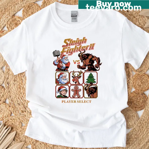 Edgy cartoon-style graphic for Sleigh Fighter II t-shirt.