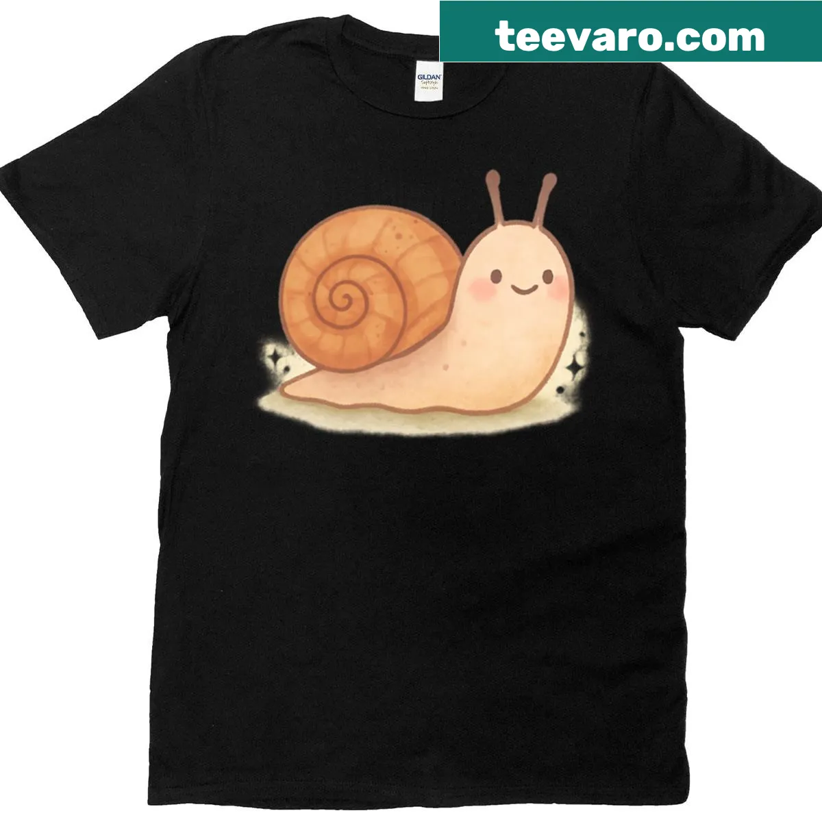 Cute snail illustration in a garden setting — on a men's t-shirt
