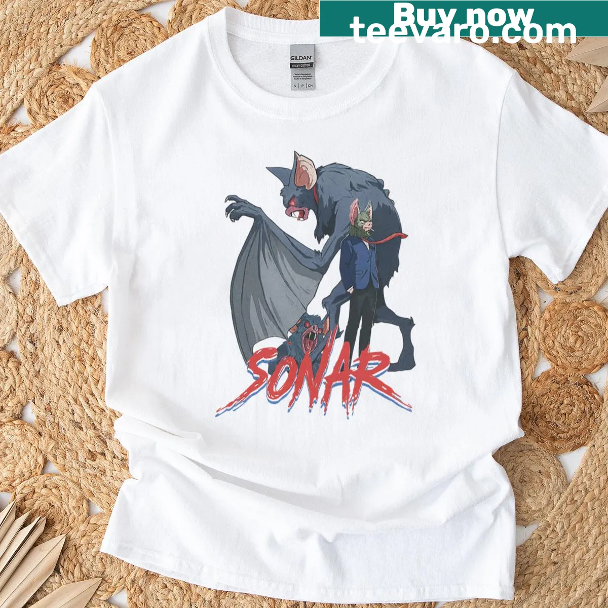 Graphic t-shirt with sonar waves and Dispatch Game reference — on a men's t-shirt