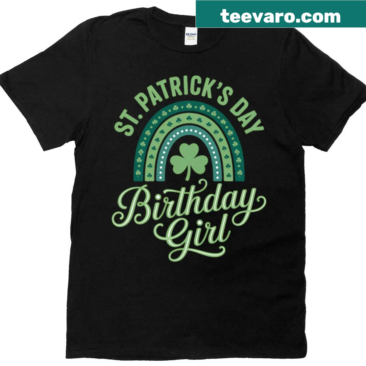 Playful St. Patrick's Day birthday T-shirt with shamrocks and rainbows — on a men's t-shirt