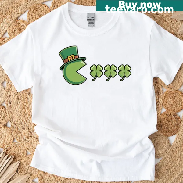 Graphic of a shamrock with a gamer enjoying snacks for St. Patrick's Day