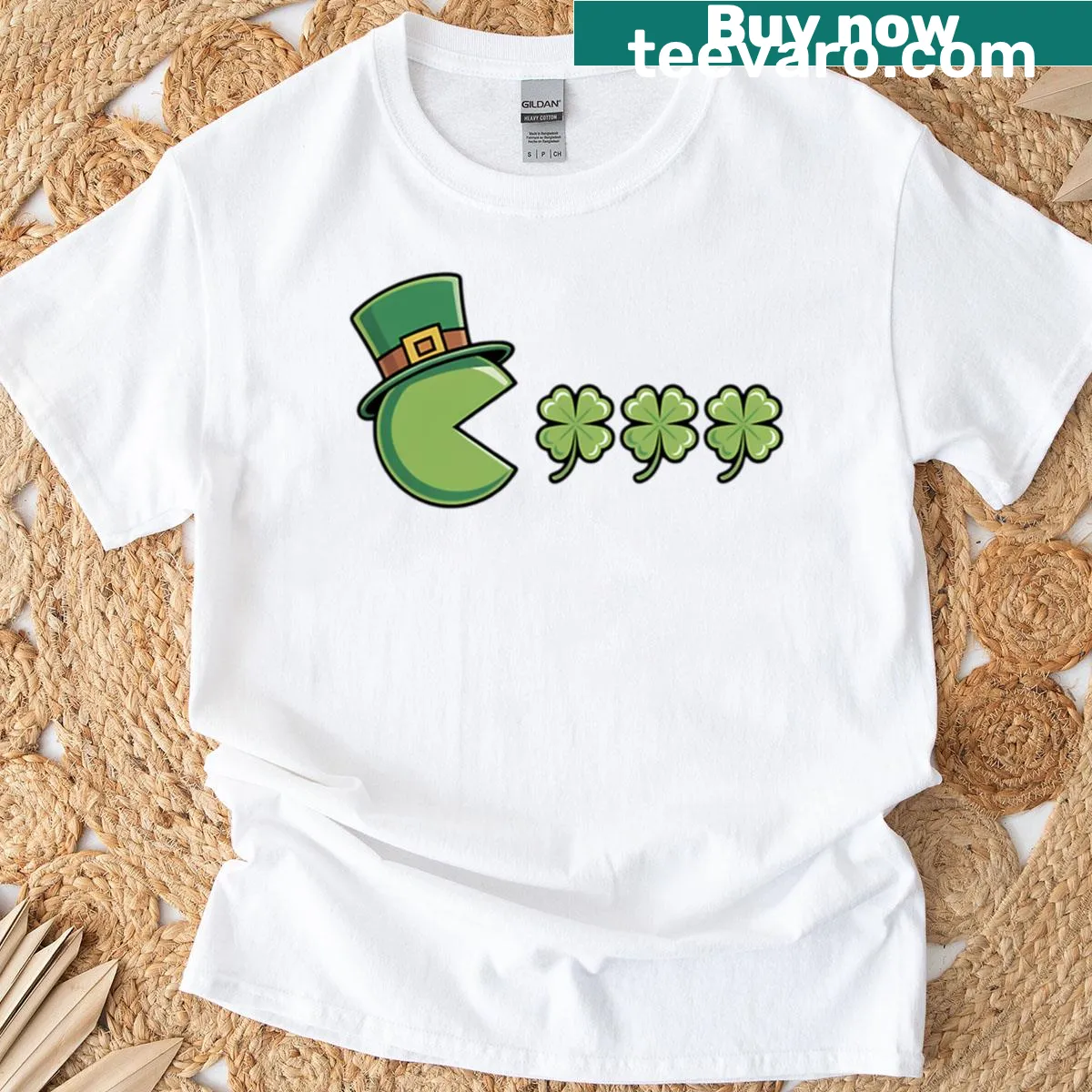 Graphic of a shamrock with a gamer enjoying snacks for St. Patrick's Day — on a men's t-shirt