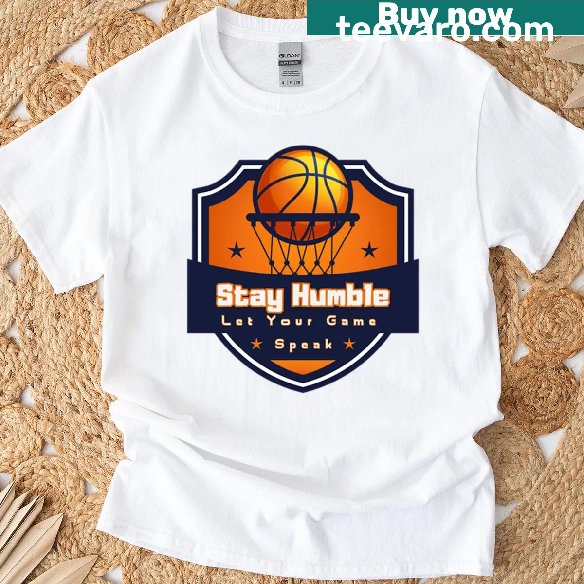 Inspirational typography t-shirt with 'Stay Humble - Let Your Game Speak' text. — on a men's t-shirt