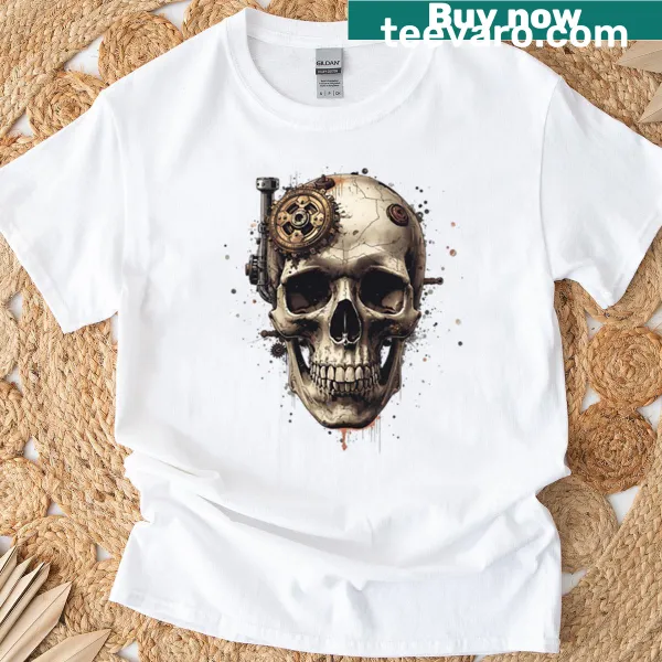 Steampunk skull illustration on a T-shirt