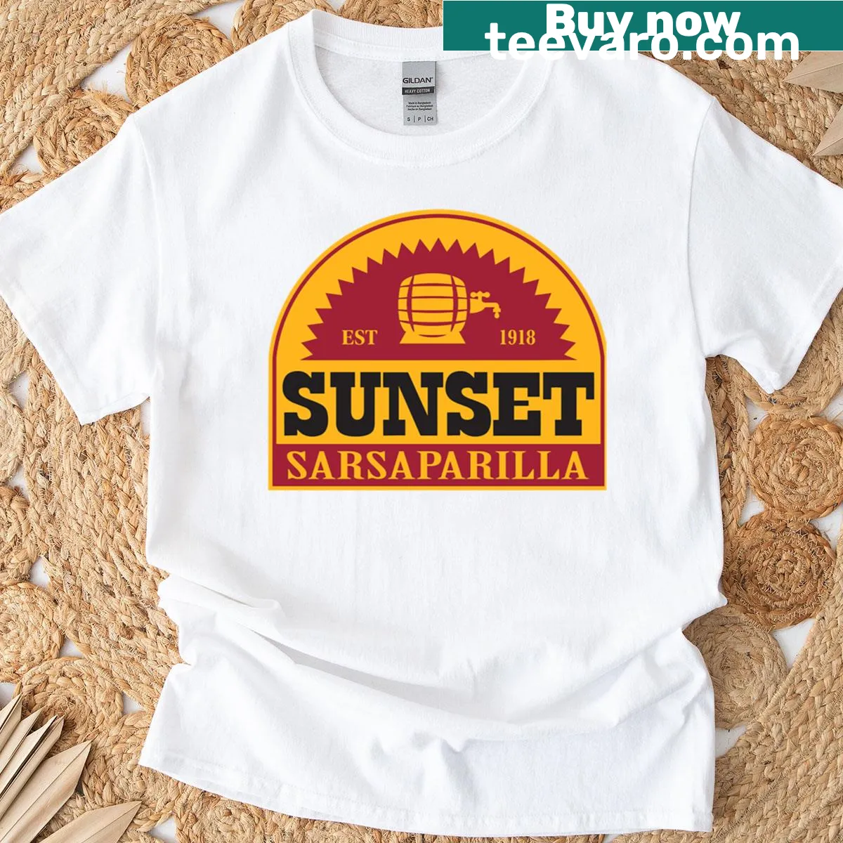 Vintage-style T-shirt with a sunset soda graphic — on a men's t-shirt