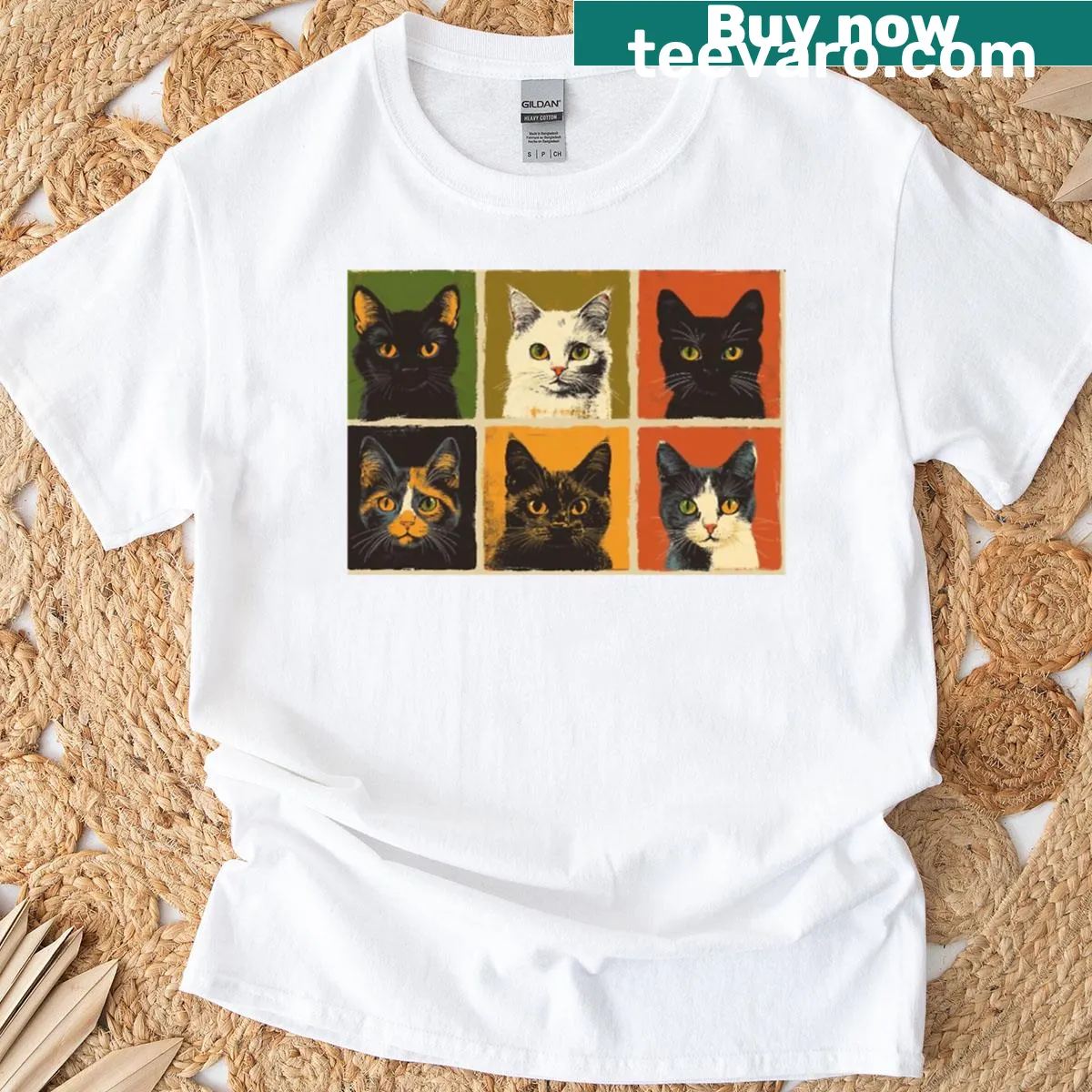 T-shirt featuring artistic cat illustrations in various poses — on a men's t-shirt