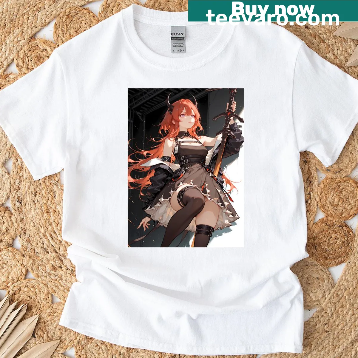Anime girl with black sword and Surtr theme illustration — on a men's t-shirt