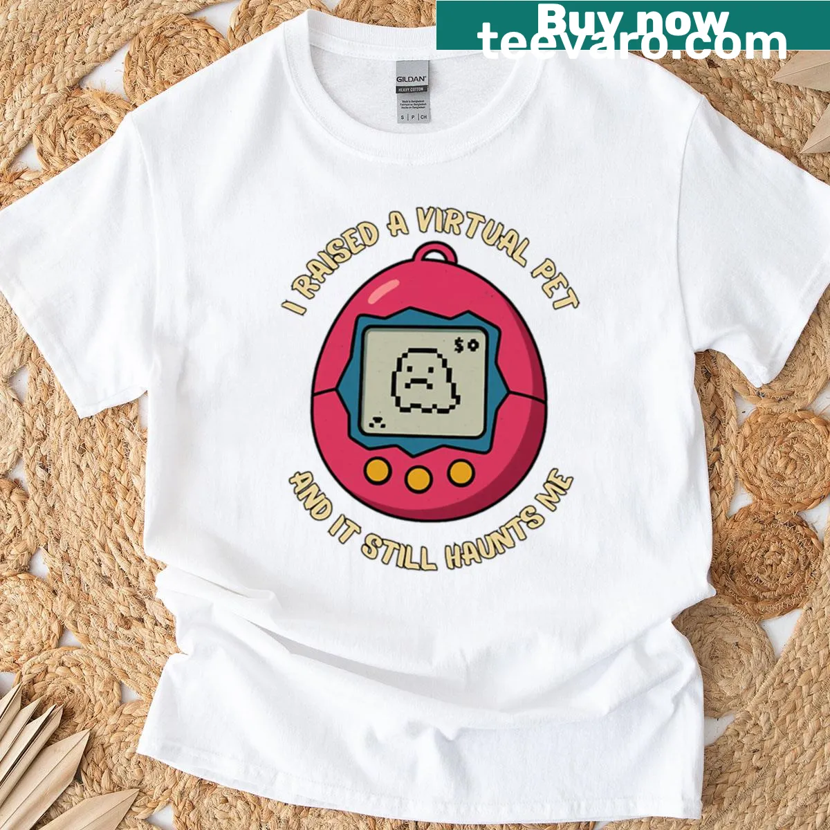 Nostalgic Tamagotchi design on a retro t-shirt — on a men's t-shirt