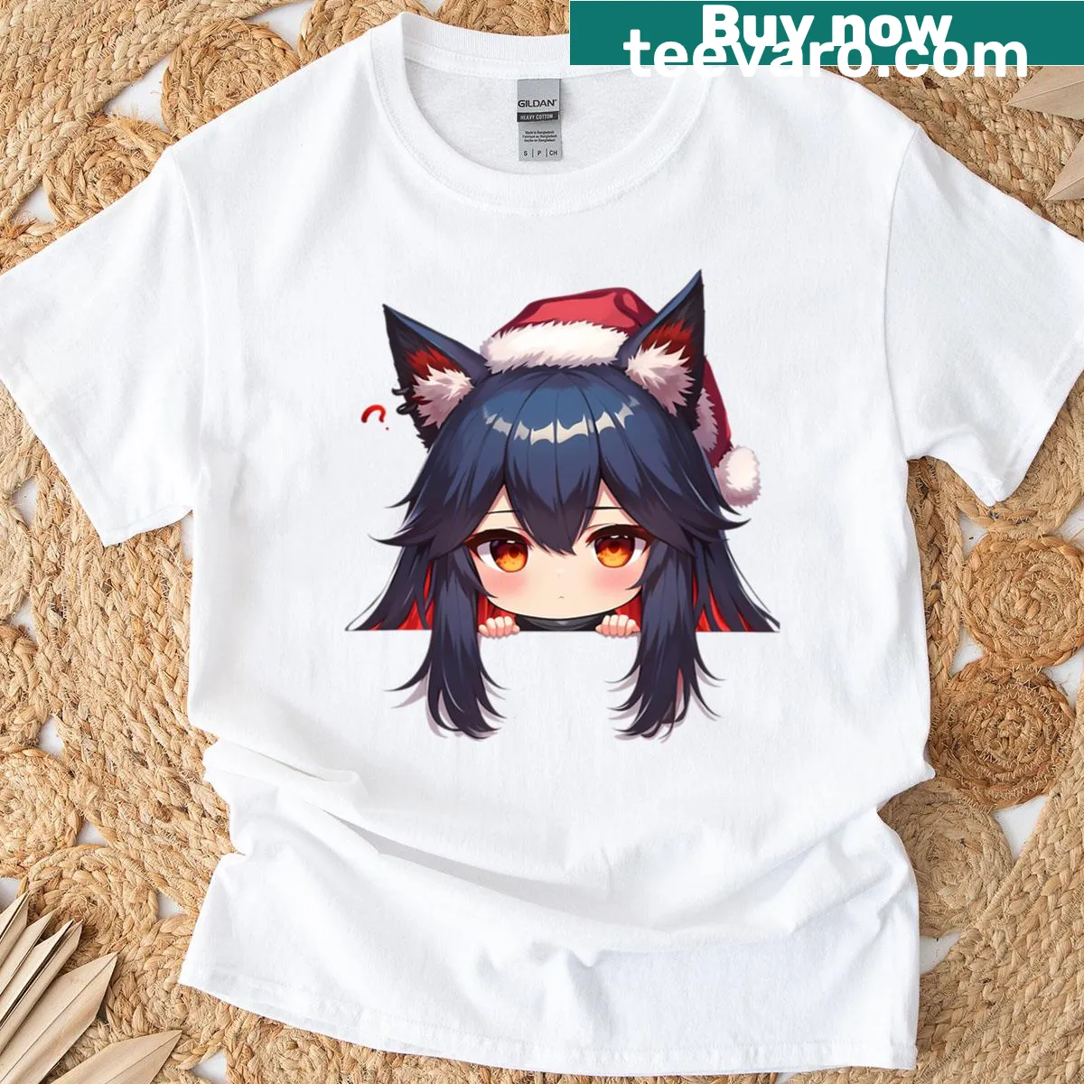 Kawaii chibi game girl from Arknights in a Christmas design on a T-shirt — on a men's t-shirt