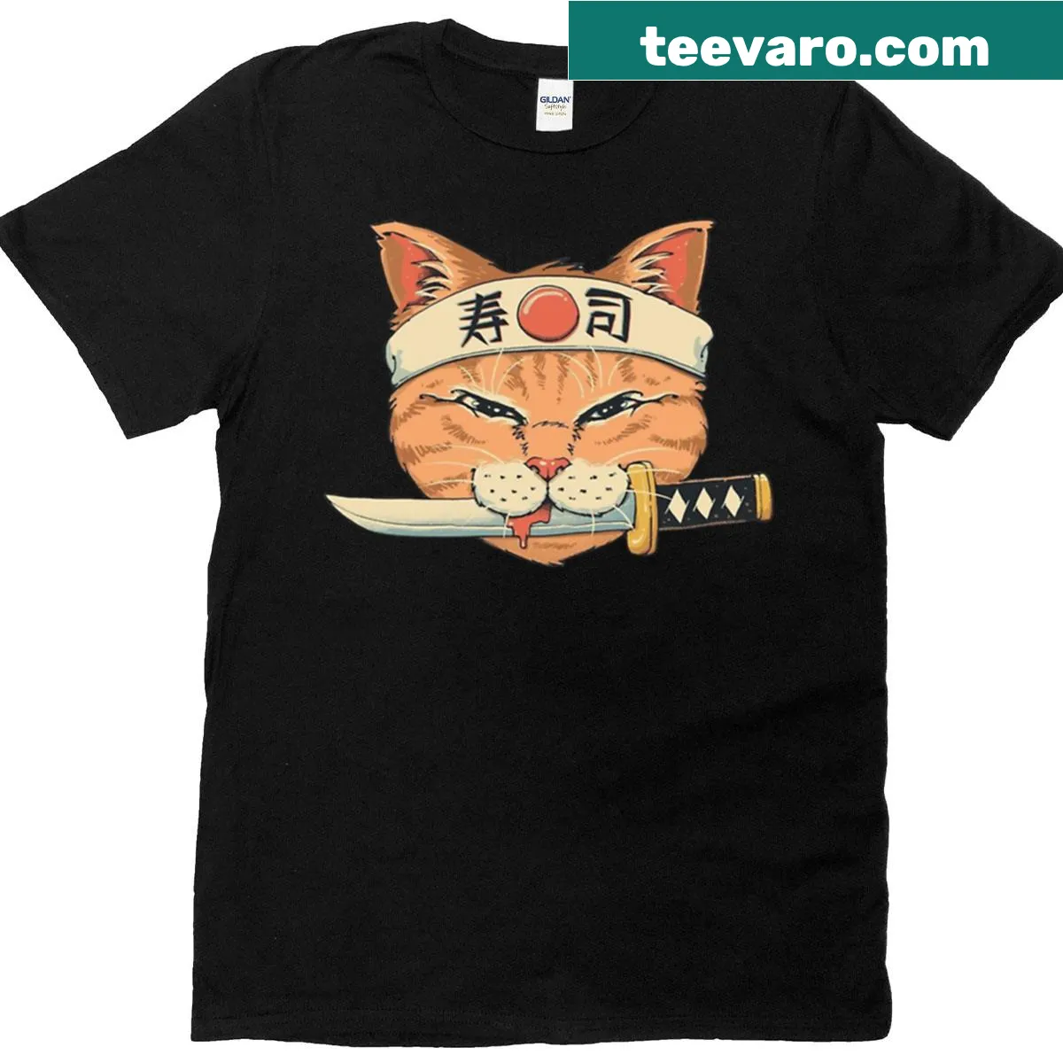 Serious cat wearing a chef's hat with sushi graphic on a T-shirt — on a men's t-shirt